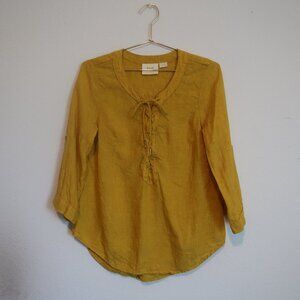 Maeve by Anthropologie Mustard Yellow 100% Linen Lace-Up Blouse, Size XS